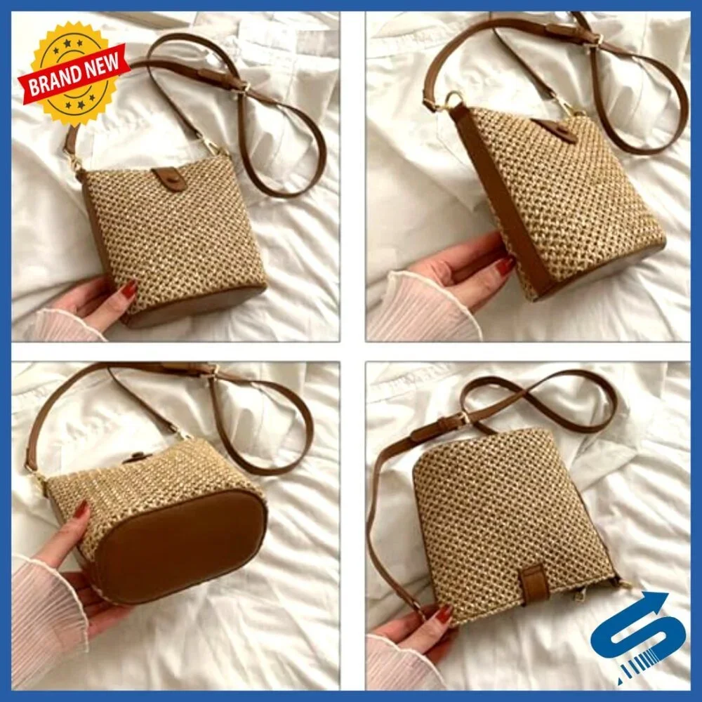 Straw Crossbody Bag Rattan Handwoven Bucket Purse Summer Boho Chic